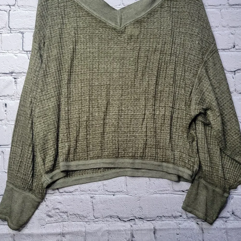 We The Free People South Side Thermal Knit Oversized Off Shoulder Top Green Sz S